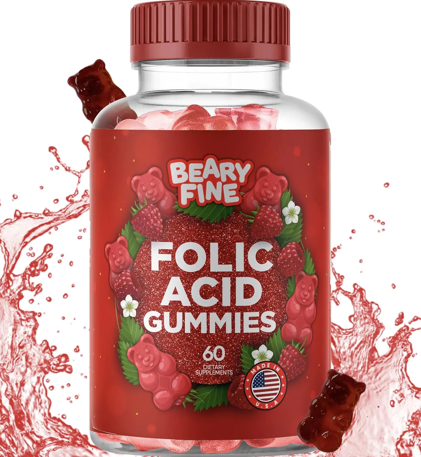 Beary Fine Folic Acid Gummies 400mcg - Essential Prenatal & Pregnancy Gummy for Women Moms & Baby to Be - 60 Raspberry Flavored Folate Gummy Vitamins - Made in The USA
