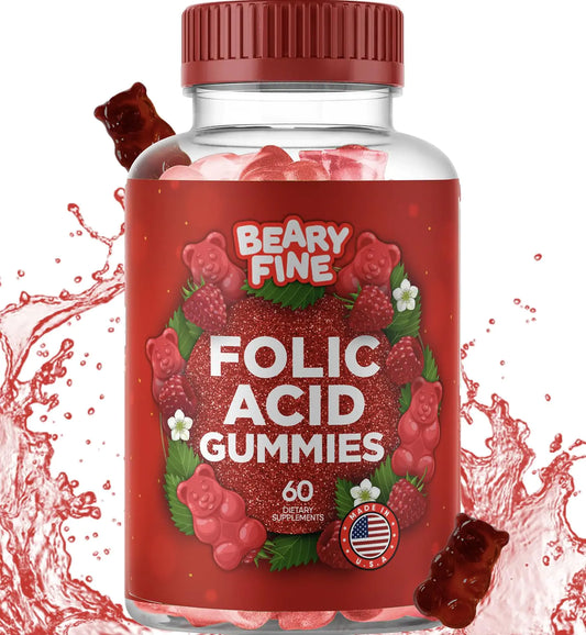 Beary Fine Folic Acid Gummies 400mcg - Essential Prenatal & Pregnancy Gummy for Women Moms & Baby to Be - 60 Raspberry Flavored Folate Gummy Vitamins - Made in The USA